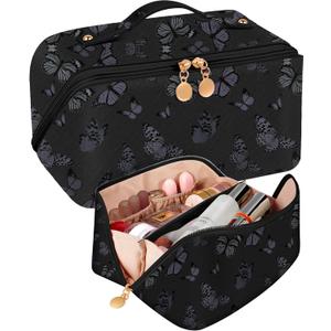 Bistup Makeup Bag Travel Cosmetic Bag Toiletry Make Up Bags Cute Women Large Capacity Big Medium Leather Butterfly Aesthetic Portable Teen Girl Teenage Foldable Expandable Compact Open Flat Zip (4-Black Butterfly)