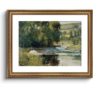 ARPEOTCY Vintage Gold Framed Large Wall Art, Nature Streamside Retro Paintings, Canvas Prints Artwork with Antique Frame, Victorian Wall Pictures Decor for Living Room Gallery Room 16x20 inch