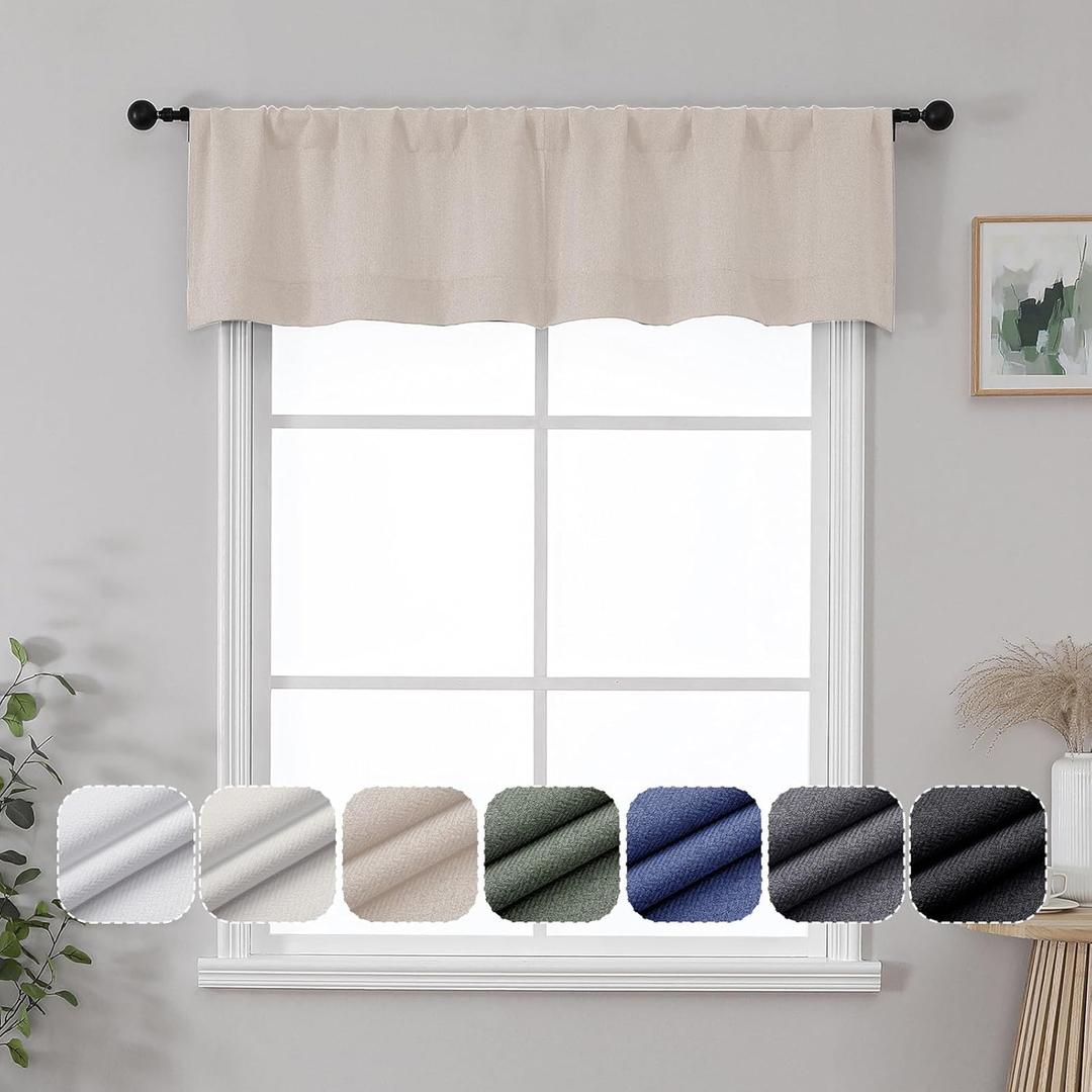 Lecloud Estelle Valance for Windows 14 Inch Length 2 Pcs, Soft Cafe Kitchen Curtains, Herringbone Textured Rod Pocket Light-Filtering Short Curtains for Bedroom, Each 30 W x 14 L, Linen Color