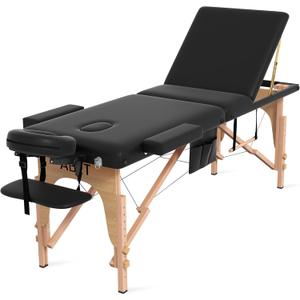 ABET Massage Table, 3 Fold Portable Lash Bed for Eyelash Extensions, Height Adjustable Lightweight Professional Facial Spa Beauty Salon Tattoo Table with Oil Pocket Towel Rod, Wood Feet & Black