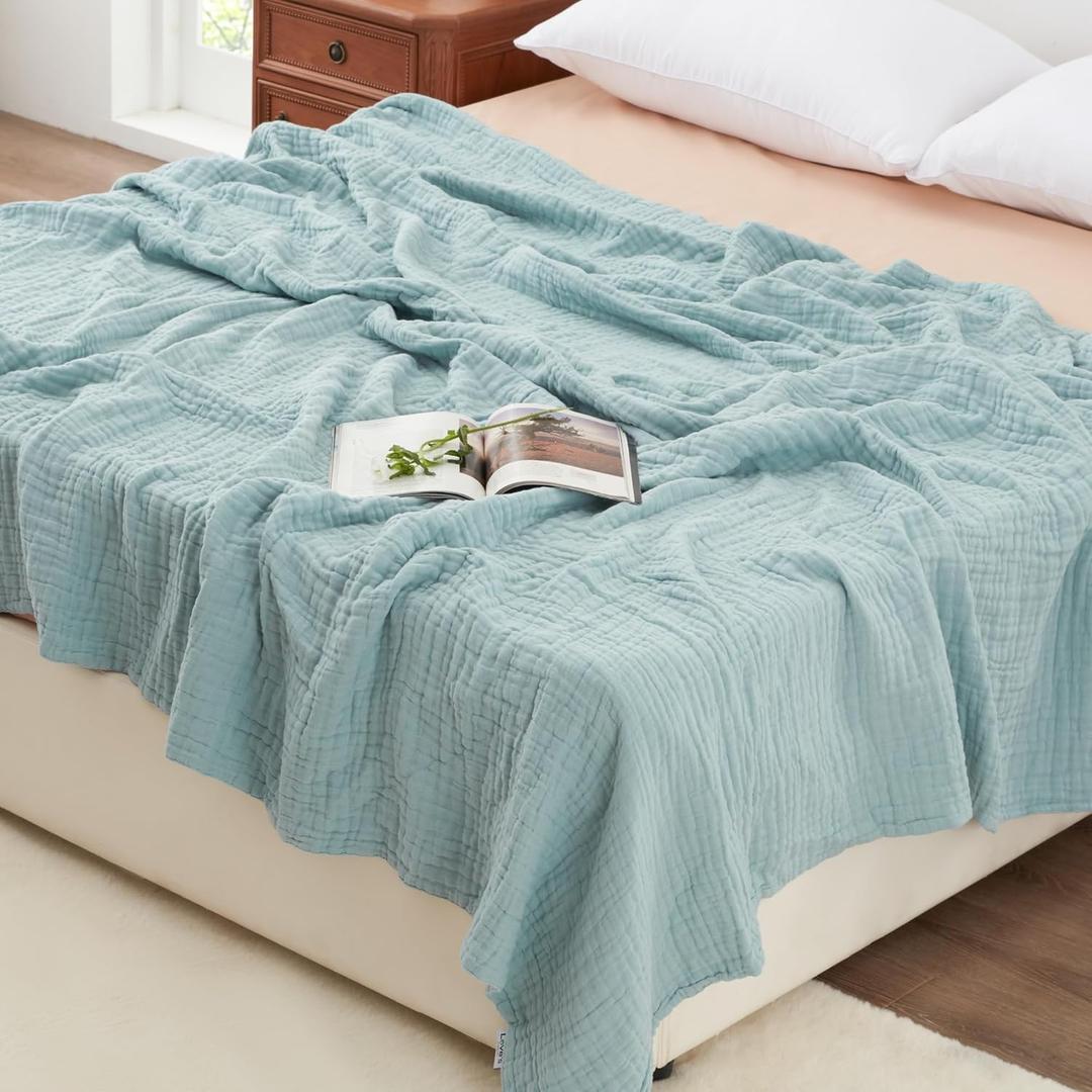 Love's cabin 6 Layer 100% Cotton Muslin Blanket, 108"x90" Muslin King Size Blanket for Bed Couch, Lightweight and Breathable Cotton Gauze for Adult, Cyan (King(108"X90"))