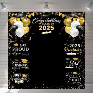 Congrats Grad Backdrop Black Gold Glitter Balloons Congratulations Graduation Class of 2025 Party Decorations Background for Photography Graduation Prom Party Supplies 78.7x70.8 Inch
