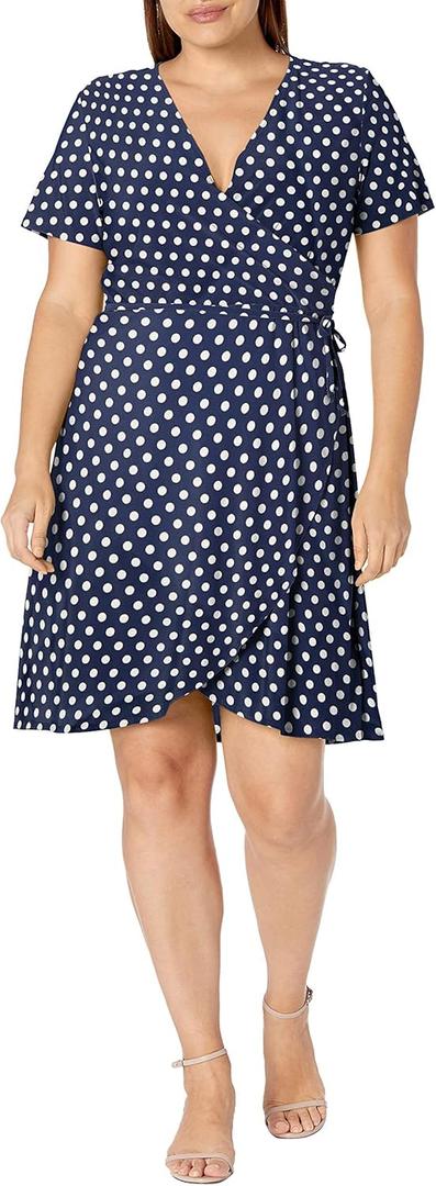 Star Vixen Womens Ss Ballerina Wrap Dress (4X, Navy/White Dot)