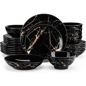 LOVECASA Plates and Bowls Sets for 6, 24 Pieces Porcelain Dinnerware Sets, Black and Gold Dish Set Gold Splash Dishware Sets, Dishwasher Microwave Safe
