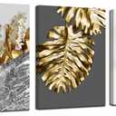 Biuteawal 3 Piece Grey Gold Wall Art White Flower Gold Leaf Canvas Painting Floral Picture Art Prints Mininalist Plant Botanical Artwork Home Bathroom Office Bedroom Decor Framed Ready to Hang