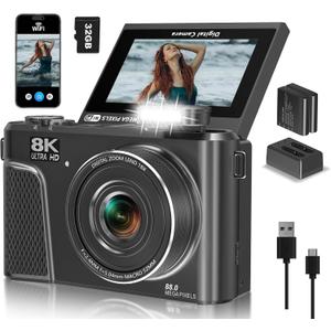 8K Digital Camera with 88MP & 3" 180° Flip Screen - 18X Zoom Auto Focus Vlogging Camera for YouTube/Photography, Includes 32GB SD Card & 2 Batteries