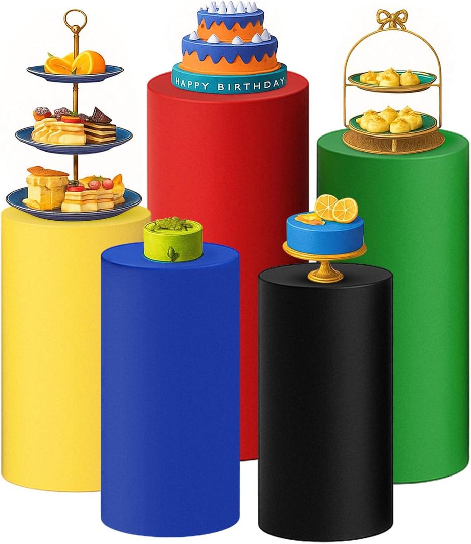 Threehoney Set of 5 Red Blue Yellow Green Black Cylinder Pedestal Stand Covers, Spandex Cylinder Stand Covers for Heroic Themed Party Decorations Man Boy Birthday Carnival Video Game