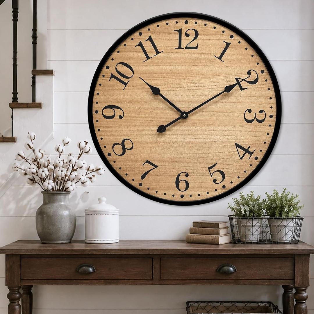 30 Inch Rustic Farmhouse Wall Clock, Large Silent Wooden Wall Clock with Natural Wood Grain Face & Black Metal Frame, Battery Operated Decorative Clock for Living Room, Kitchen, Bedroom