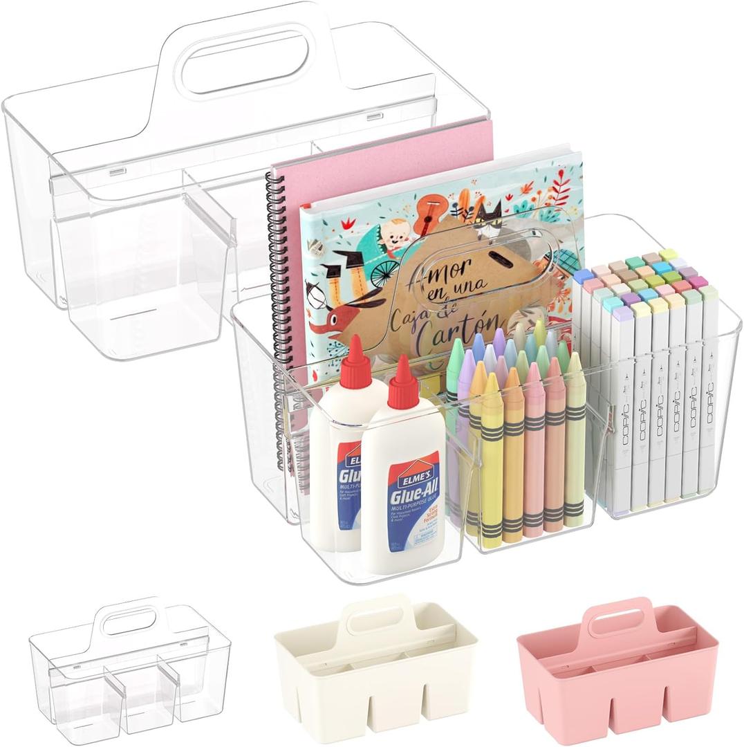 Lifewit 2 Pcs Plastic Caddy Organizer with Handle, Portable Art Supply Storage for Craft Supplies, Cosmetics, Holds Pencil, Crayon, Brushes, Hair Product, Dorm Shower Caddy, Clear, 25 x 15x 17cm