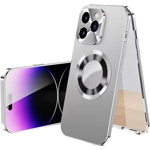Magnetic Metal Edge Full Body Military Drop Protection for iPhone 14 Case,Compatible with MagSafe,Rugged Built-in Privacy Screen Protector Logo View Shockproof Cover,Silver