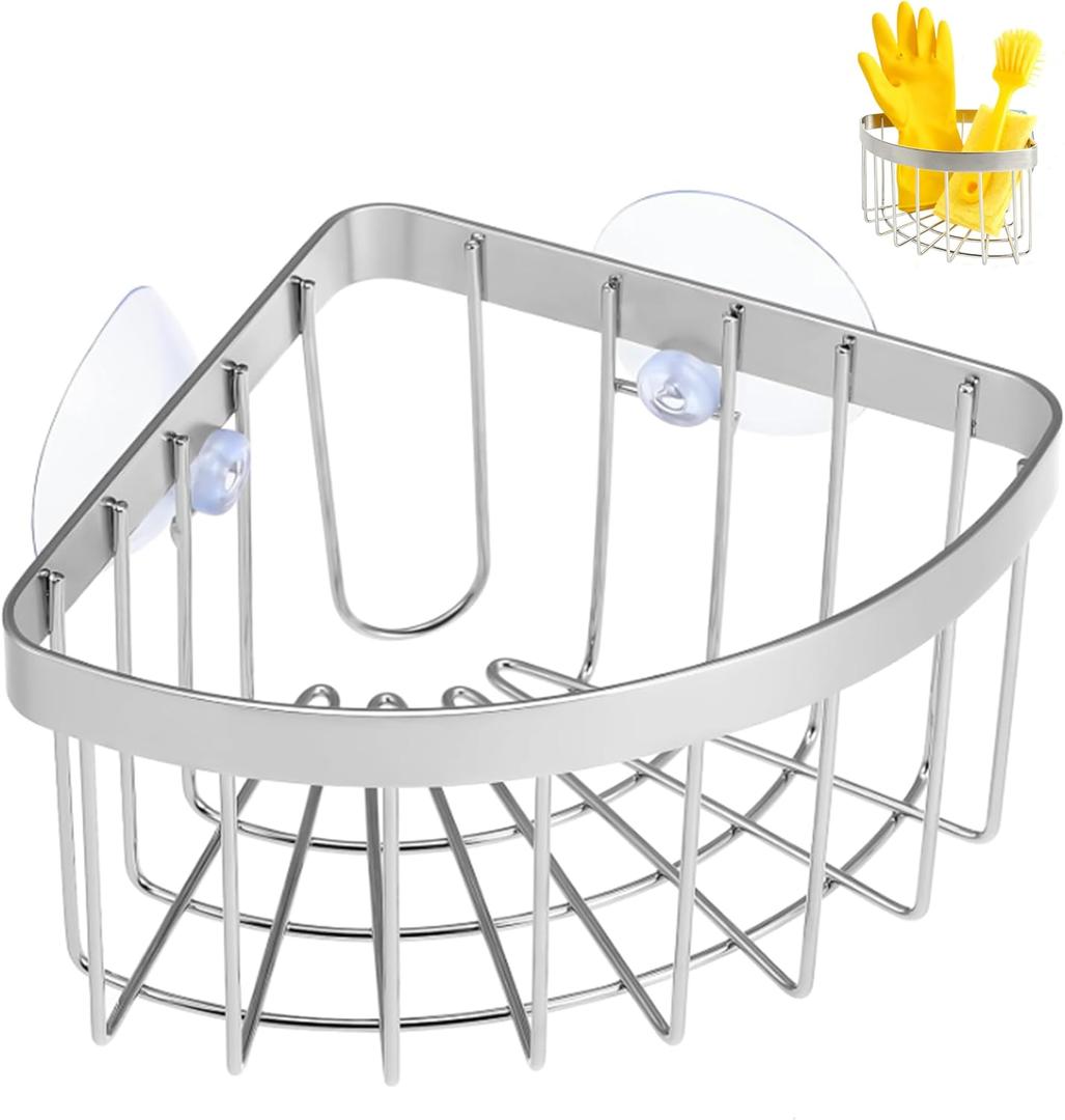 304 Stainless Steel Corner Sink CaddyMovable Suction Cup Sponge Holder with Strong Suction Cups, Sink Organizer with Soap Dish for Kitchen and Bathroom