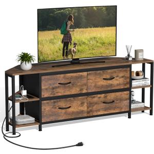 EXOTICA Corner TV Stands for Living Room with 4 Drawers and Power Outlet Industrial Corner Entertainment Centers for TVs up to 55 Inches Farmhouse Corner Console Table with 4 Open Storage for Bedroom, 55.12"lx15.35"wx19.96"h