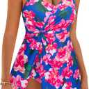 GRACE KARIN Women's One Piece Swim Dress V Neck Tummy Control Swimsuit Vacation Beachwear Bathing Suit (X-Large, Blue&Pink Floral)