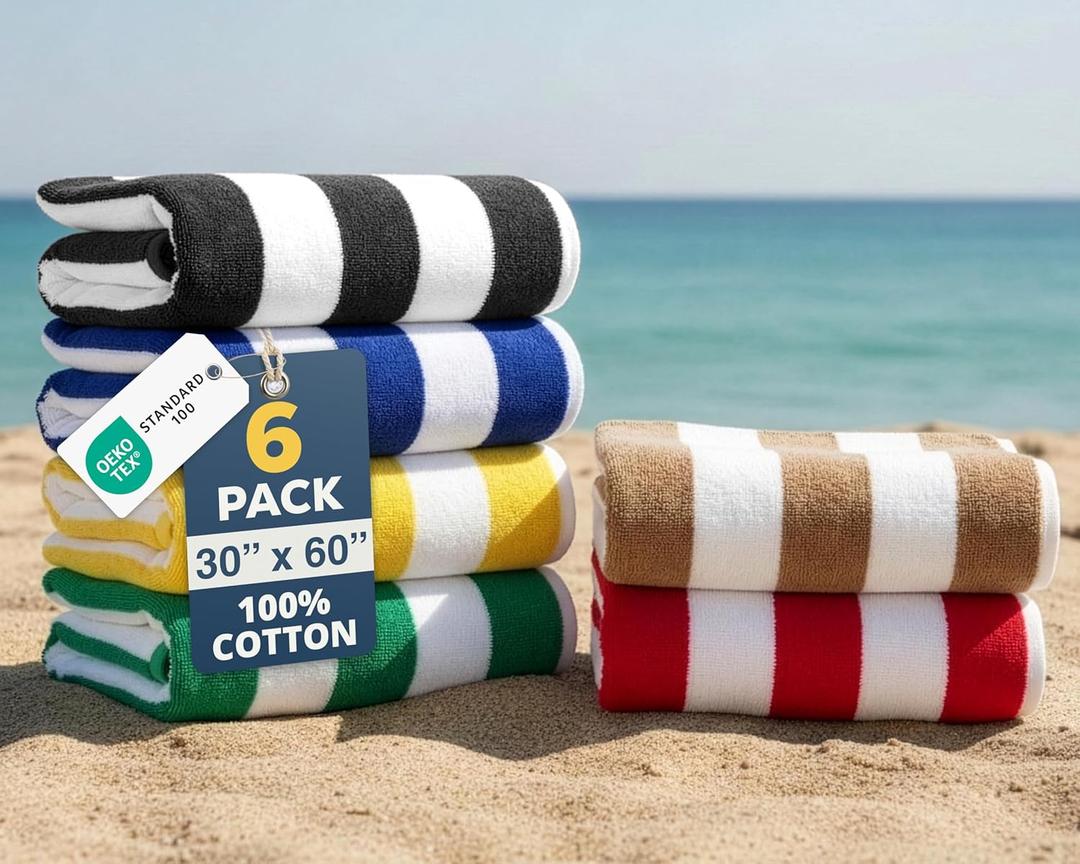LANE LINEN Beach Towels 6 Pack - 520 GSM Beach Towel (30" x 60")  100% Cotton Soft, Thick & Highly Absorbent Pool Towels for Hotel Airbnb Spa - Quick Dry Cabana Stripe Large Towel - Tropical Escape