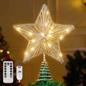 JOIEDOMI 9.5 inch Christmas Star Tree Topper Metal Silver Decor Radial Design, with 20 LED Warm White, USB Powered Remote Control for Treetop Decorations Home Holiday Party Indoor