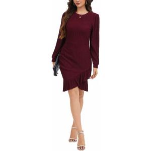 Women's Crewneck Casual Long Sleeve Sweater Dress Ruched Wrap Work Wedding Split Mini Dresses (XXL)
