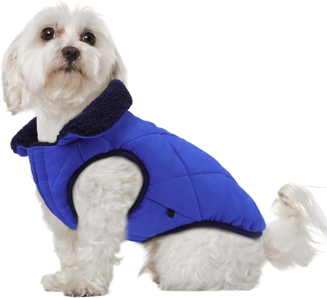 EMUST Dog Coats for Small Dogs with Leash Hole, Reversible Quilting Winter Jacket Thick Plush Lining for Cold Weather Pet Clothes, Royal Blue, L