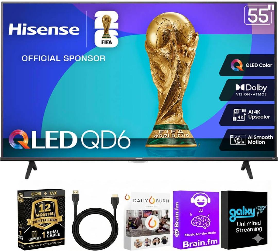 Hisense 55 Inch Class QD6 Series 4K QLED Smart Fire TV Dolby Vision HDR10 60Hz Wi-Fi Voice Remote HDMI Cable + Streaming Bundle (55.0, Inches)