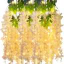 12 Pack Champagne Wisteria Hanging Flowers Garland with Lights, 3.44 Feet Artificial Flower Vines, Fake Wisteria, Artificial Vines Hanging Garland for Backdrop Outdoor Patio Garden Decor
