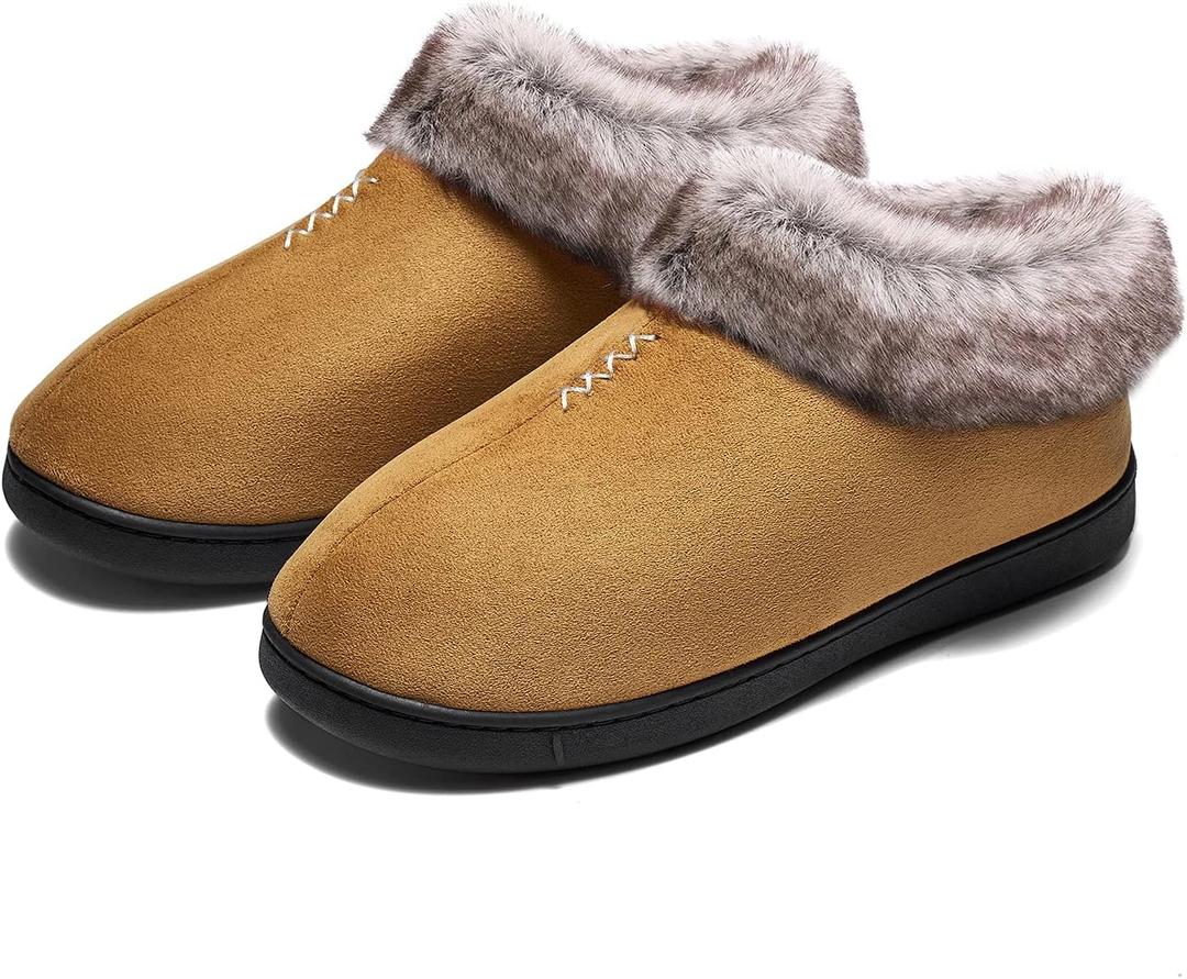 Mishansha Women's House Shoes Memory Foam Suede Moccasin Slippers Winter Warm Fleece Lined Home Shoes with Anti-Skid Rubber Sole (Light Brown)