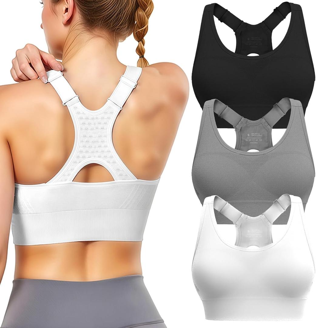 Adjustable Sports Bras for Women: 3 Pack High Support Padded Racerback Sport for Large Bust Workout Running Gym (Black/Grey/White), XRCKLOCR26-B3-L2-5-Mercantile DrL