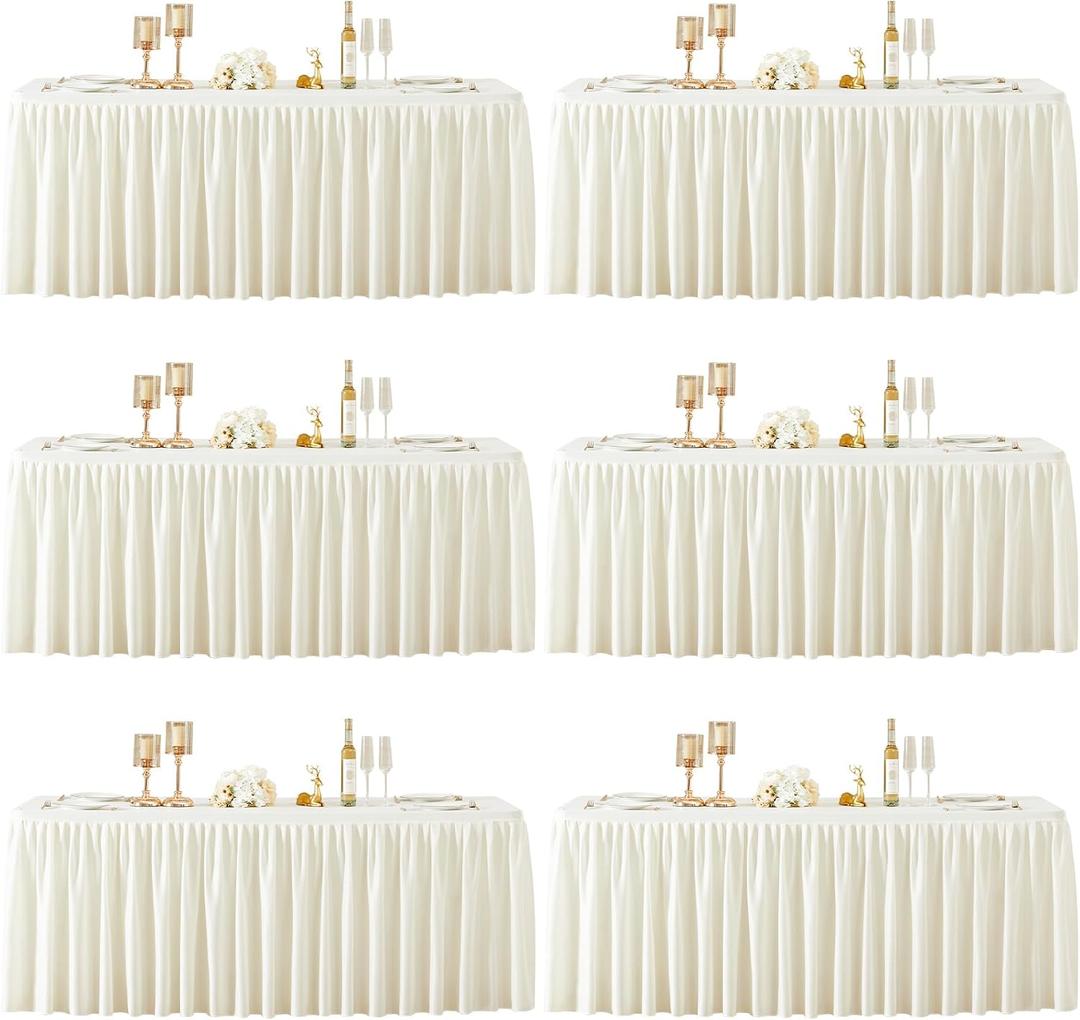 6 Packs Ivory Polyester Tablecloths Rectangle Tables 8ft, Stretch Fitted Table Covers for 8 Foot Tables Wrinkle Free Rectangle Table Cloth with Skirt for Birthday Party Events Banquet Baby Shower