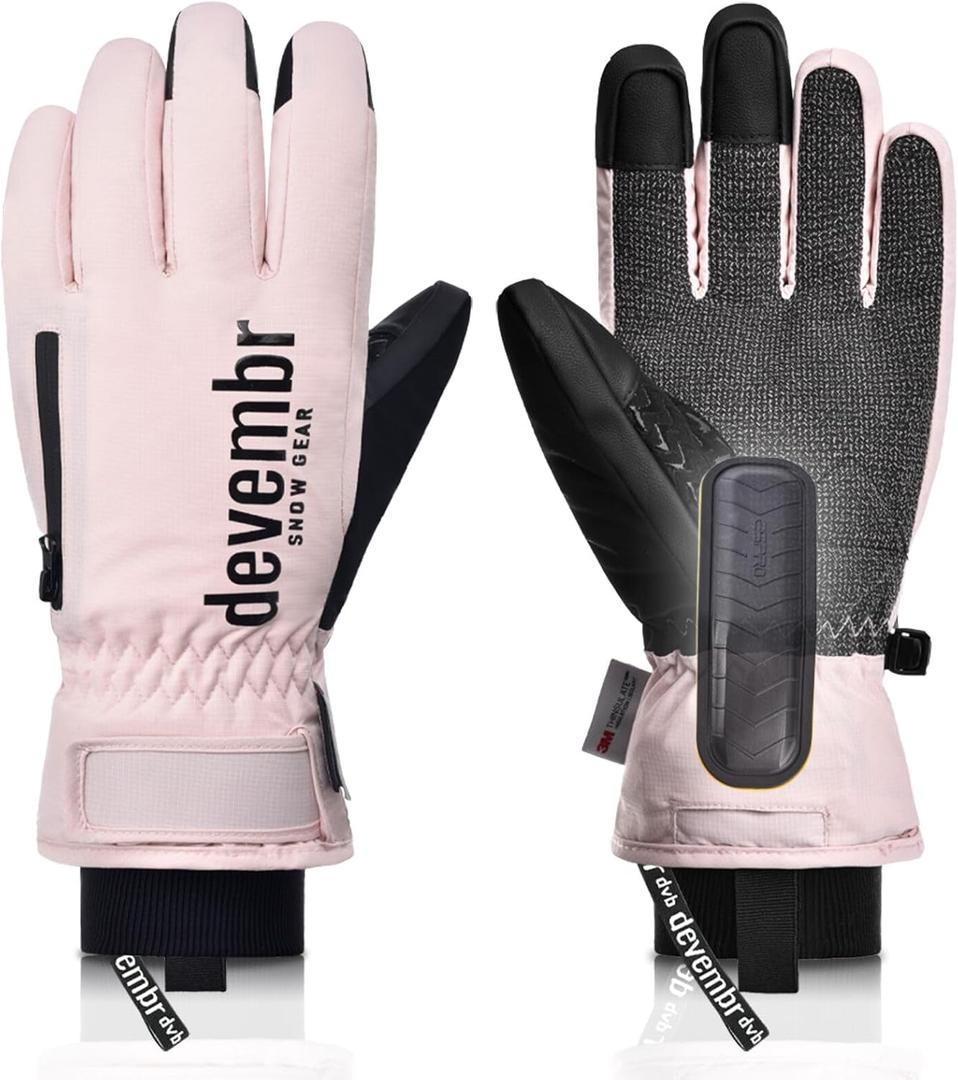 Ski Gloves with Wrist Guards and Undercuff Design, Snowboarding Gloves Touchscreen (Small, Pink)