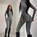 Women's Leopard Print Jumpsuit Long Sleeve, Black, Size S