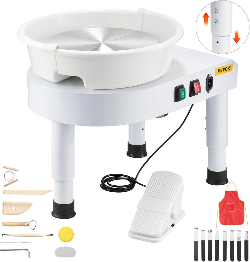 VEVOR Pottery Wheel for Adults, 11in/ 28cm Ceramic Wheel Forming Machine, 0-6in Adjustable Lift Leg 350W Professional Pottery Kit with Foot Pedal Detachable Basin for Work Art Craft DIY, White