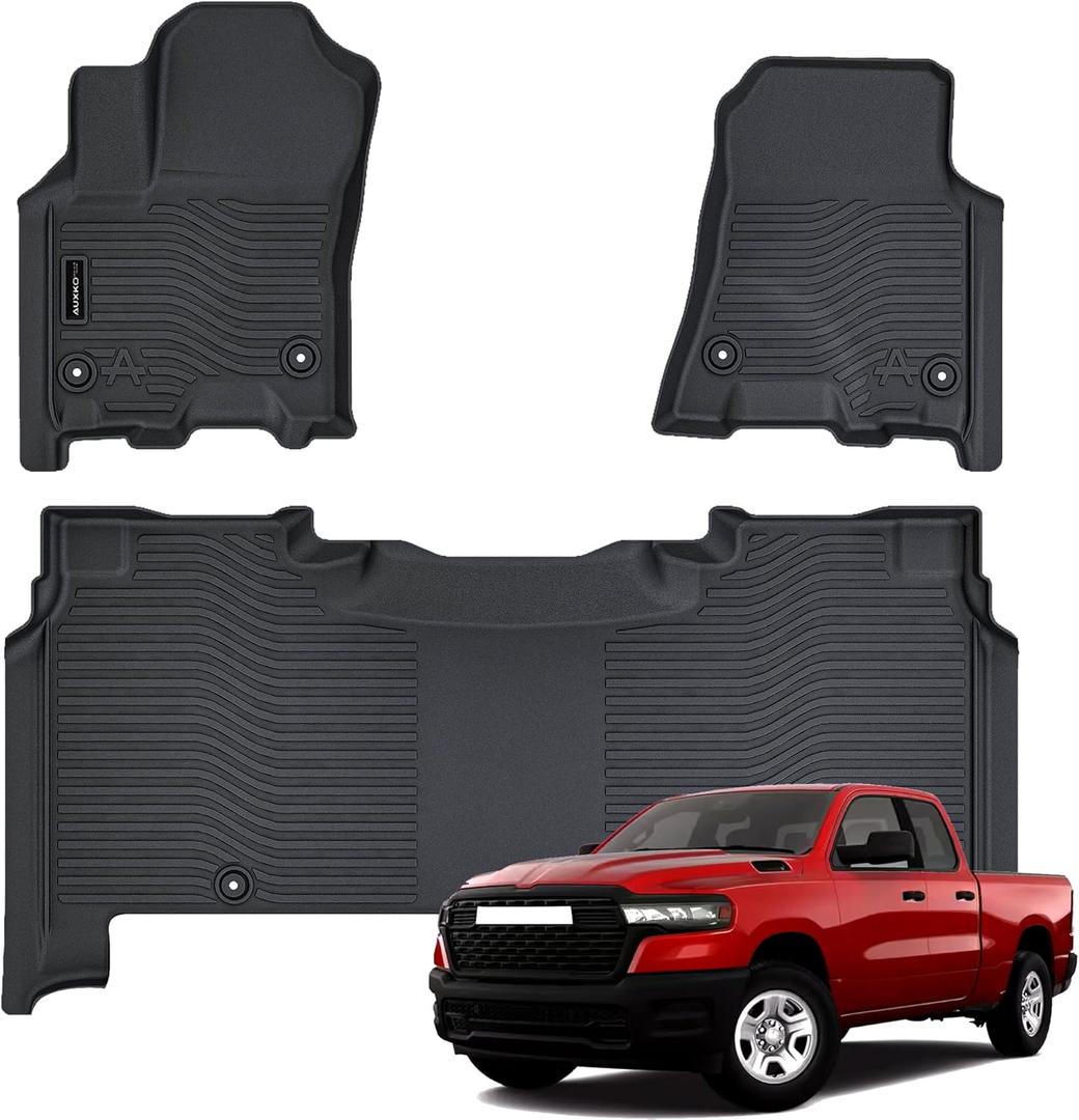 AUXKO All Weather Floor Mat Fit for 2025 Dodge Ram 1500 Crew Cab 5 Seat 2nd Row with Under Seat Storage Box TPE Liner Accessories All Season Guard Odorless Anti-Slip Black