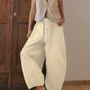 Gihuo Women's Cotton Wide Leg Pants, Elastic Waist Harem Style, Casual Baggy Palazzo Pants with Pockets(Beige, M)