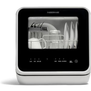 Farberware Portable Countertop Dishwasher with 5-Liter Built-in Water Tank - 5-Program System for Home, RV, and Apartment - Wash Dishes, Glass, and Baby Products (Black/White)