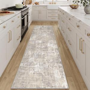 Machine Washable Runner Rug 2x8 Beige Gray Neutral Hallway Indoor Accent Modern Abstract Kitchen Low Pile Carpet Non Slip Distressed Throw Area Rug Living Room Bedroom Office Dining Room