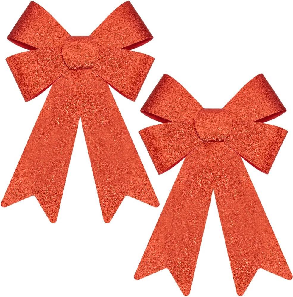 2Pcs Glitter Christmas Bows Red Wreath Bow 18.9 x 13.2 Inch Large Big Bowknot Ties PVC Shine Winter Ornaments Accessories for Indoor Outdoor Xmas Christmas Wreath Party Gifts DIY Decoration