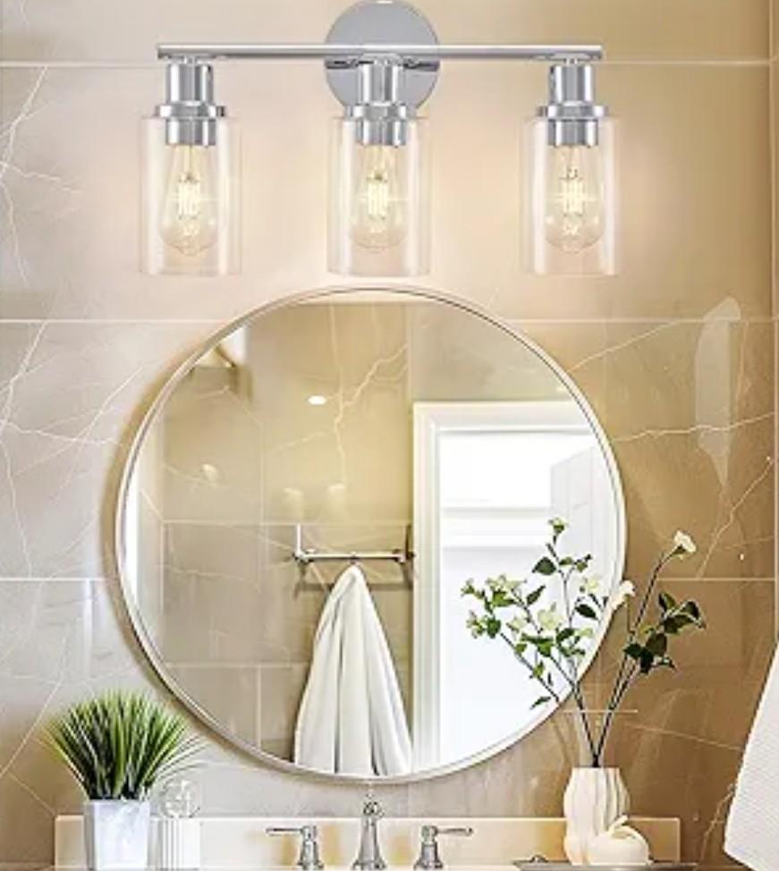 DLLT 3-Light Bathroom Light Fixtures: Chrome Modern Vanity Lights with Clear Glass Shade - Bathroom Wall Lamp for Mirror Kitchen Living Room