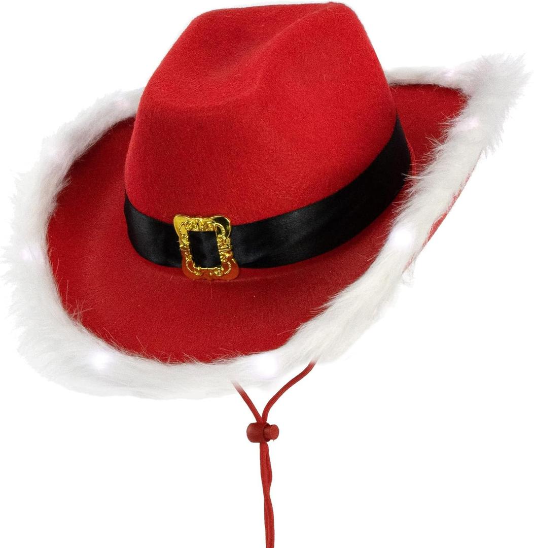 Cowboy Cowgirl Hat for Men-Women Blinking Tiara Felt Cowboy-Cowgirl Dress Up Hat with Feather Trim (Medium, Red)