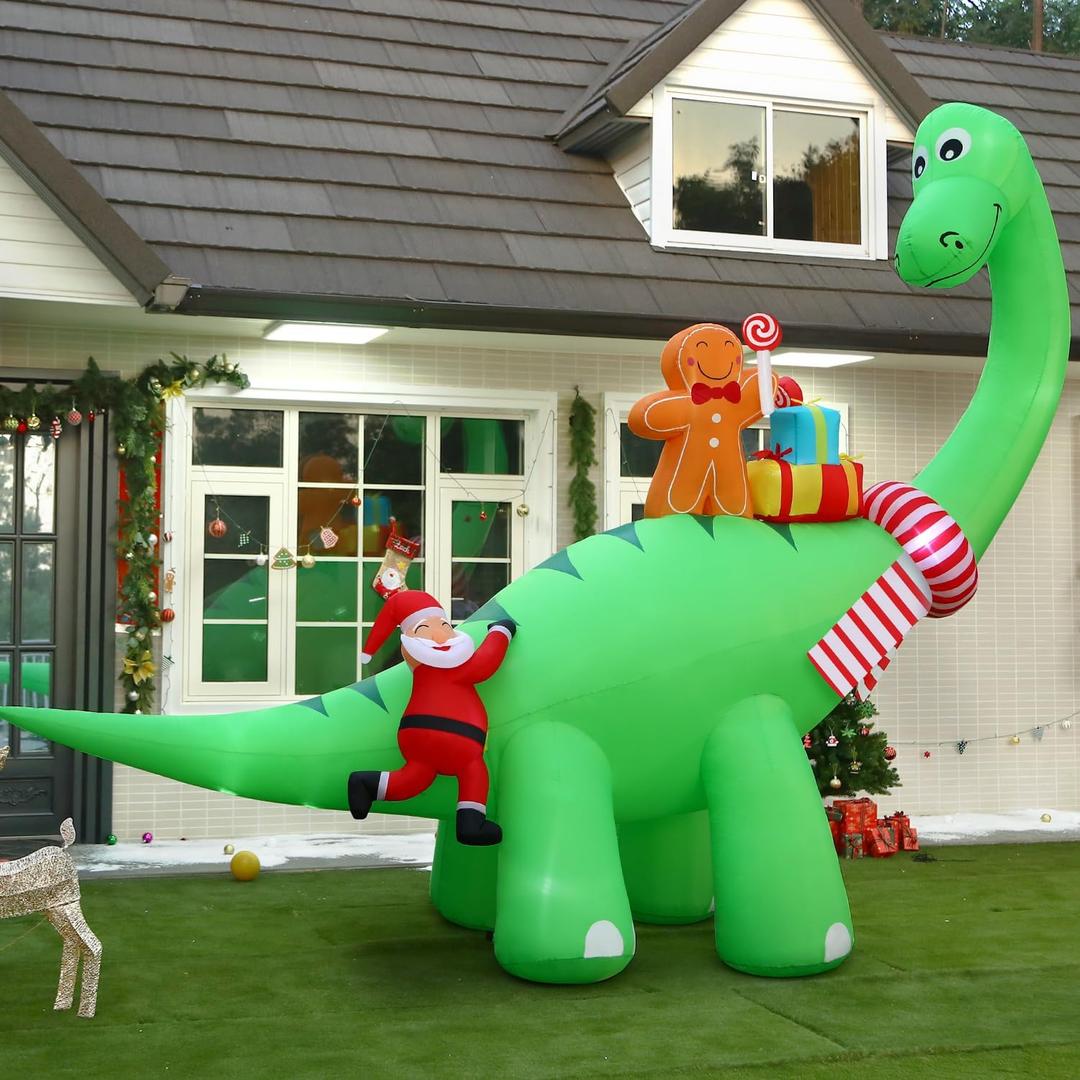 12FT Christmas Inflatable Large Dinosaur Outdoor Decorations with LED Lights, Gingerbread & Santa, Lighted Blow Up for Lawn, Yard, Garden, Indoor Xmas Holiday Party Decor, 12 FT
