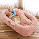 Human Dog Bed, 71''x45''x12'' Size Fits You and Pets, Washable Faux Fur Pet Bed for People Doze Off, Napping Orthopedic Dog Bed, Present Plump Pillow, Blanket, Strap, Pink
