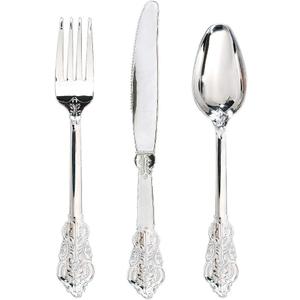 WDF 360 Pieces Silver Plastic Silverware- Disposable Flatware - Heavyweight Plastic Cutlery- Includes 120 Forks, 120 Spoons, 120 Knives for Christmas