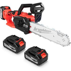 12" Electric Chainsaw Cordless, 20V Battery Power Cordless Chain Saw, Battery Chainsaw with 4.0Ah Lithium ion Battery and Charger (12 inch Chainsaw+2 Batteries Red)