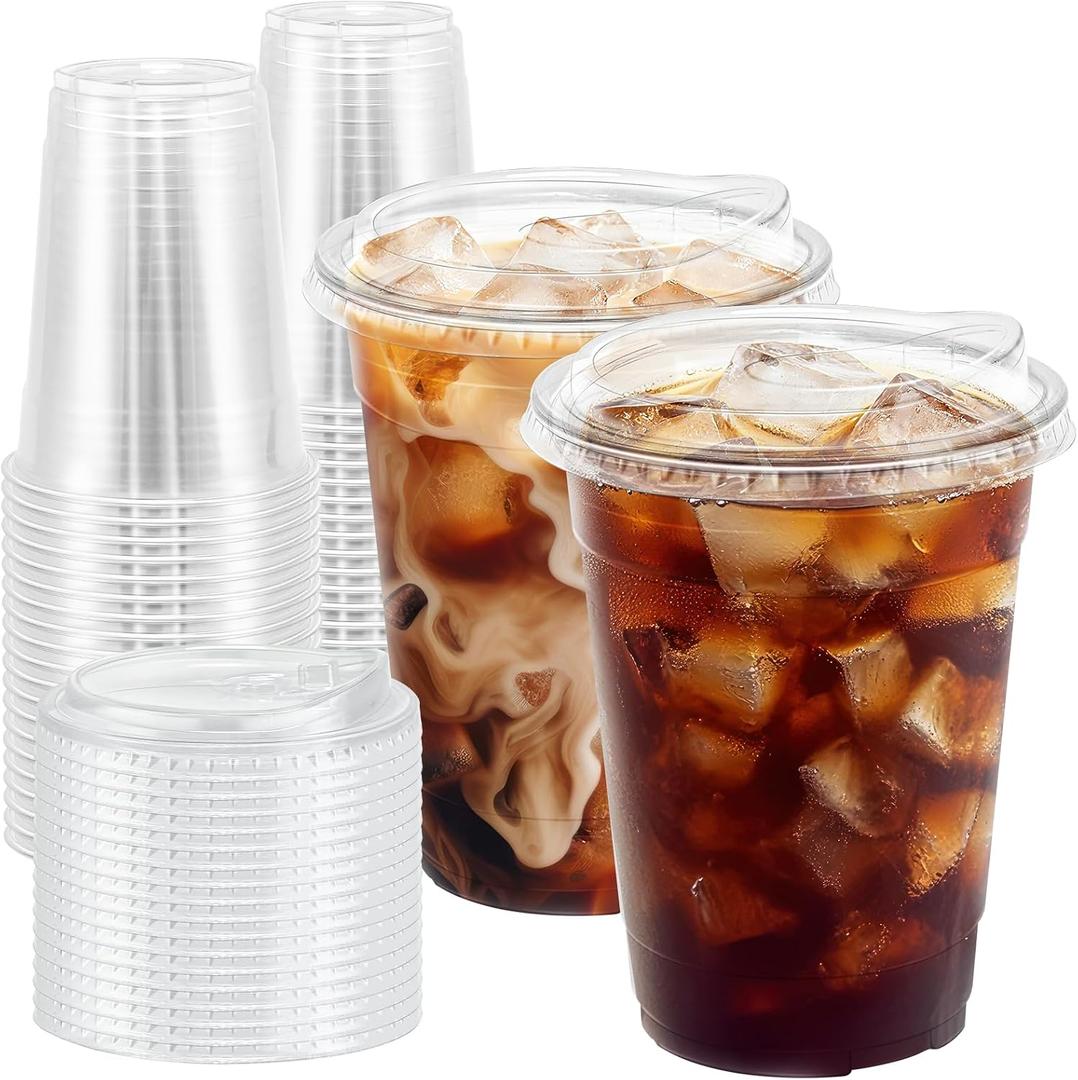 BYSNOW 100 Pack 16 oz Clear Plastic Cups with Lids, Disposable Iced Coffee Cups with Sip Lids, Sturdy Plastic Smoothie Cups for Cold Drinks