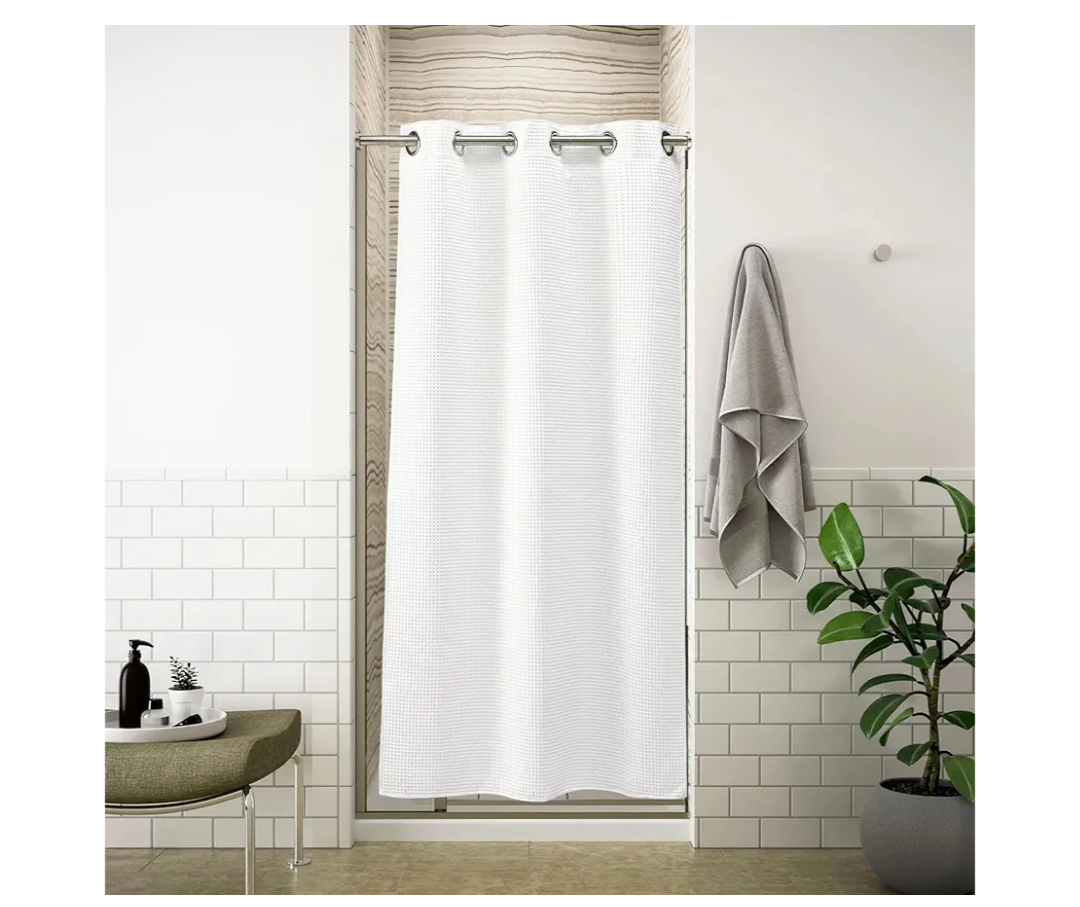 River Dream 36" W Stall Waffle No Hook Shower Curtain with Snap-in Liner,Cotton Blend Fabric Shower Curtain for Bathroom, White,36Wx74L