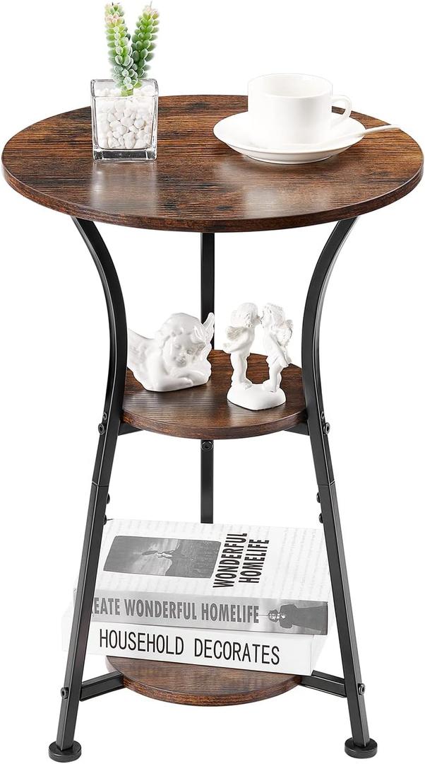 Dulcii Small Round End Table for Narrow and Small Space, 3-Tier Round Accent Couch Beside Table, Modern Side Table Corner Sofa Table Nightstand for Living Room Bedroom (Rustic Brown)