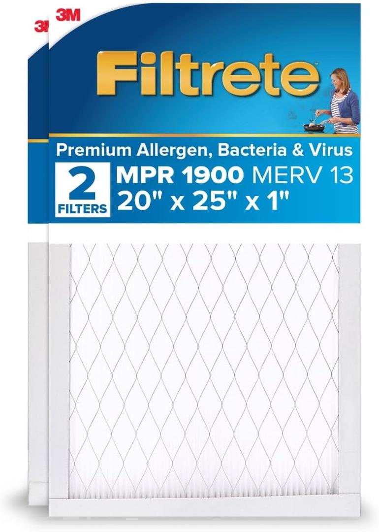 Filtrete 20x25x1 AC Furnace Air Filter, MERV 13, MPR 1900, Premium Allergen, Bacteria & Virus Filter, 3-Month Pleated 1-Inch Electrostatic Air Cleaning Filter, 2-Pack (Actual Size 19.69x24.69x0.78 in)