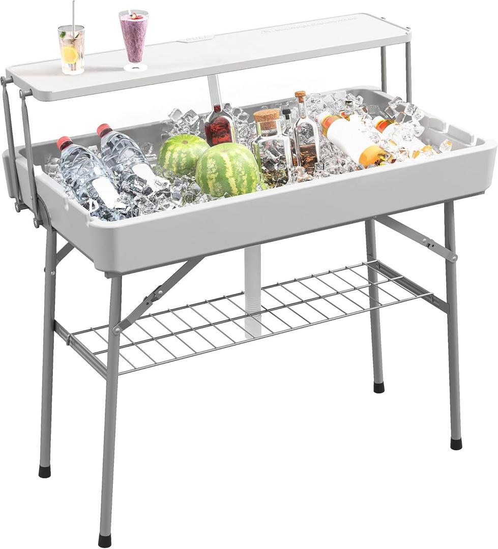 Outsunny 3.5ft Folding Ice Cooler Table with Drain, 2-Tier Outdoor Patio Party Cooler, Fishing Cleaning Table with Storage Shelf for Picnic BBQ Camping Wedding, White