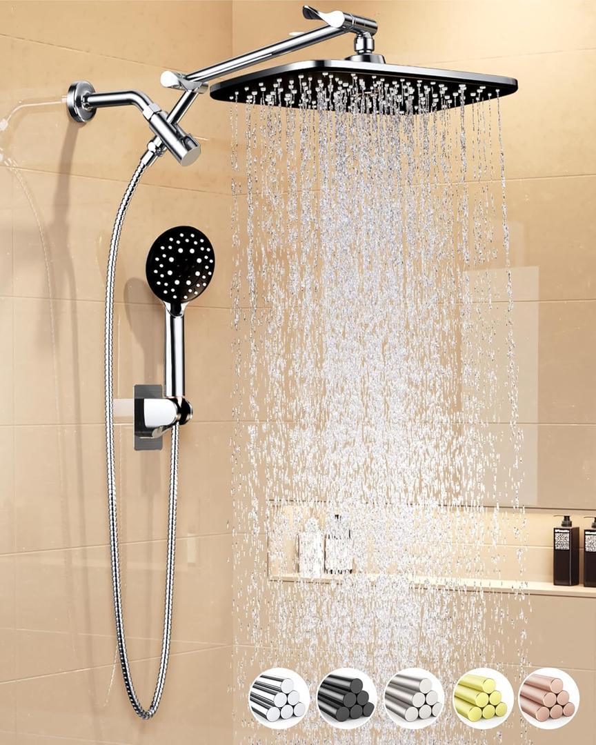 Veken 11.8" Rain Shower Head with Handheld, High Pressure Handheld Shower with Multi Spray Modes, Rainfall Combo with Metal Extension Arm, Detachable Dual Showerhead, Bathroom Decor, Chrome Silver