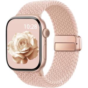 Braided Stretchy Band Compatible with Apple Watch Bands 38mm 40mm 41mm 42mm 44mm 45mm 46mm 49mm Women Men, Soft Nylon Solo Loop Magnetic Sport Strap for iWatch Series 11 10 9 8 7 6 5 4 3 2 1 SE Ultra (Pink Sand)