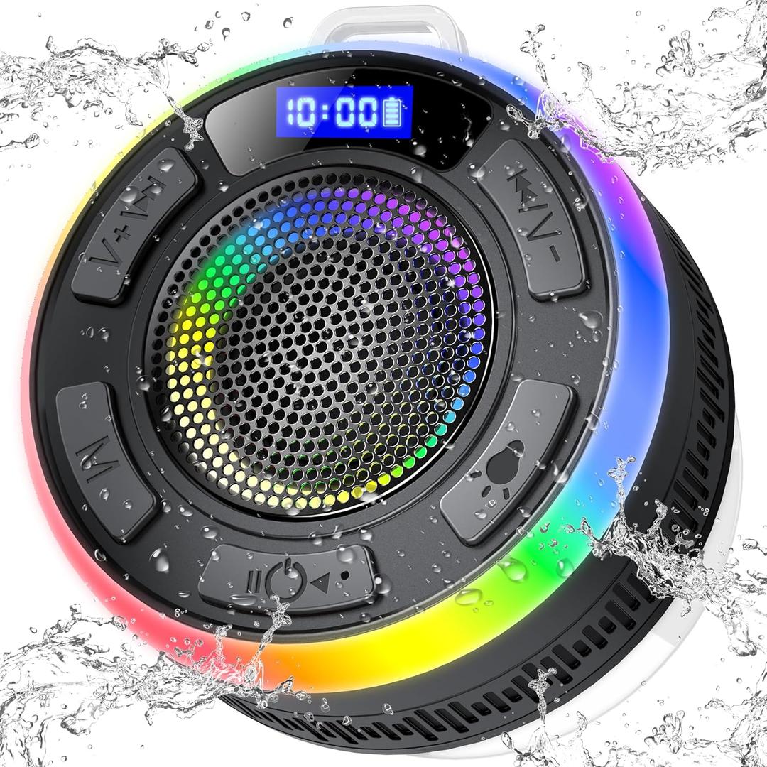 Shower Bluetooth Speaker IPX7 Waterproof, Portable Bluetooth Speakers with Suction Cup and Time Display, Crystal Sound&Bass LED Light 1100mAh, Wireless Shower Speaker for Outdoor/Kayak/ Gifts/Beach (Black)