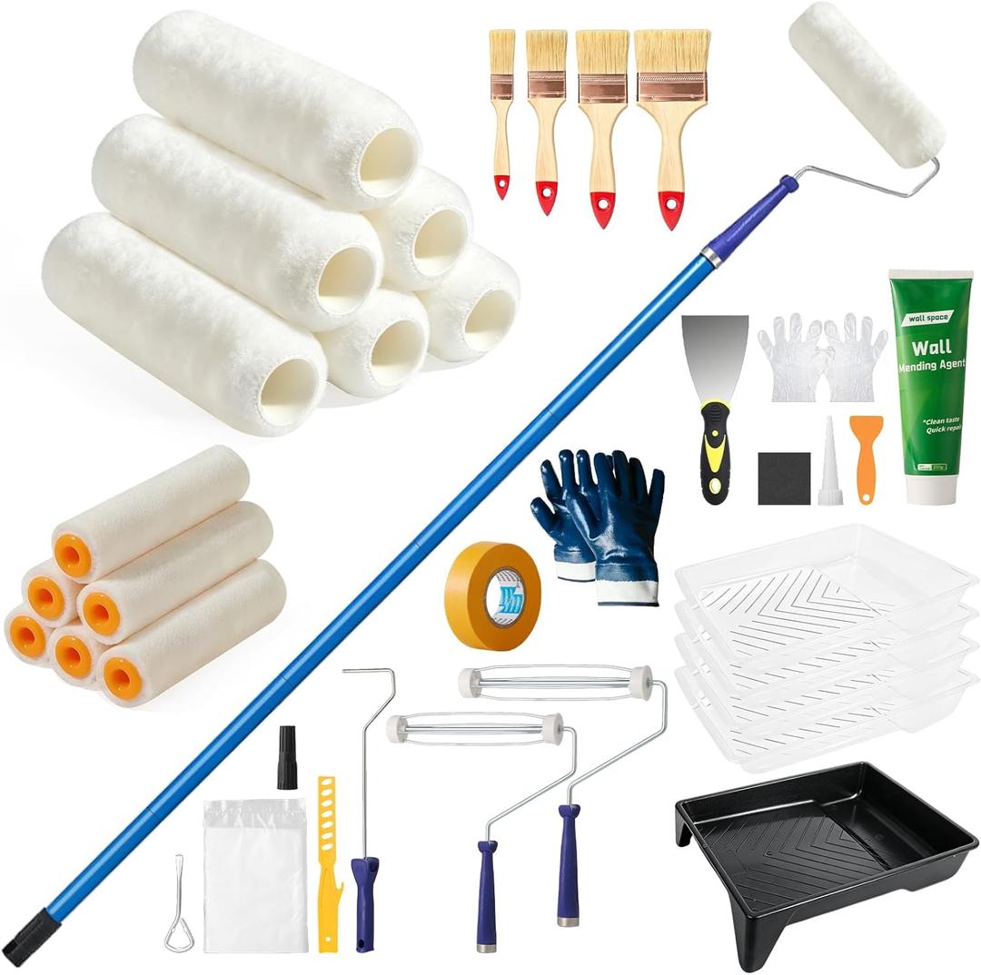 Paint Roller Kit with Long Paint Roller Extension Pole, 37 PCS Wall Painting Supplies with Paint Brushes for Walls, Superabsorbent 9-Inch & 4-Inch Paint Roller Covers, Wall Repair Paste