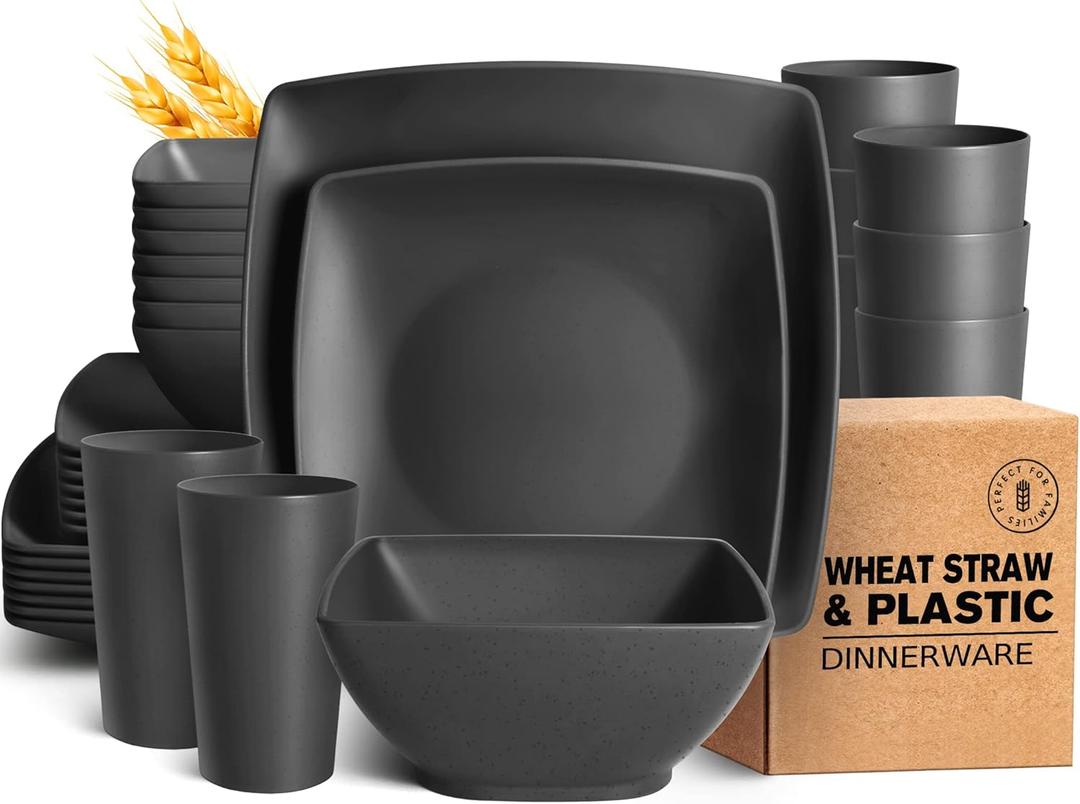 Teivio 32-piece Plastic Wheat Straw Square Dinnerware Set for 8, Unbreakable Dinner Plates, Salad Plates, Snack Bowls, Tumblers, Dishwasher Safe, Black